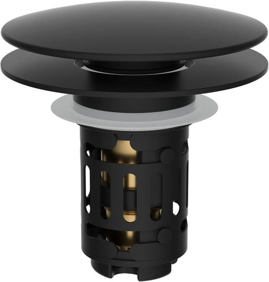 Hibbent Upgraded 3 in 1 Bathroom Sink Drain Strainer, Pop Up Sink Stopper with Big Push Cap, Anti-Clogging Metal Filter Basket,Sink Plug with Hair Catcher for 1.1''~2.36'' Basin, Matte Black
