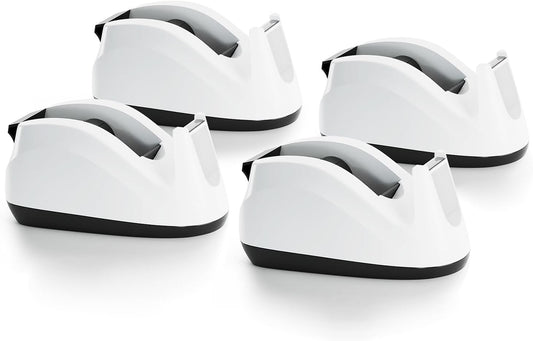 Heavy Base Nonskid Desk Tape Dispenser One-Hand Dispensing, White, 4 Pack