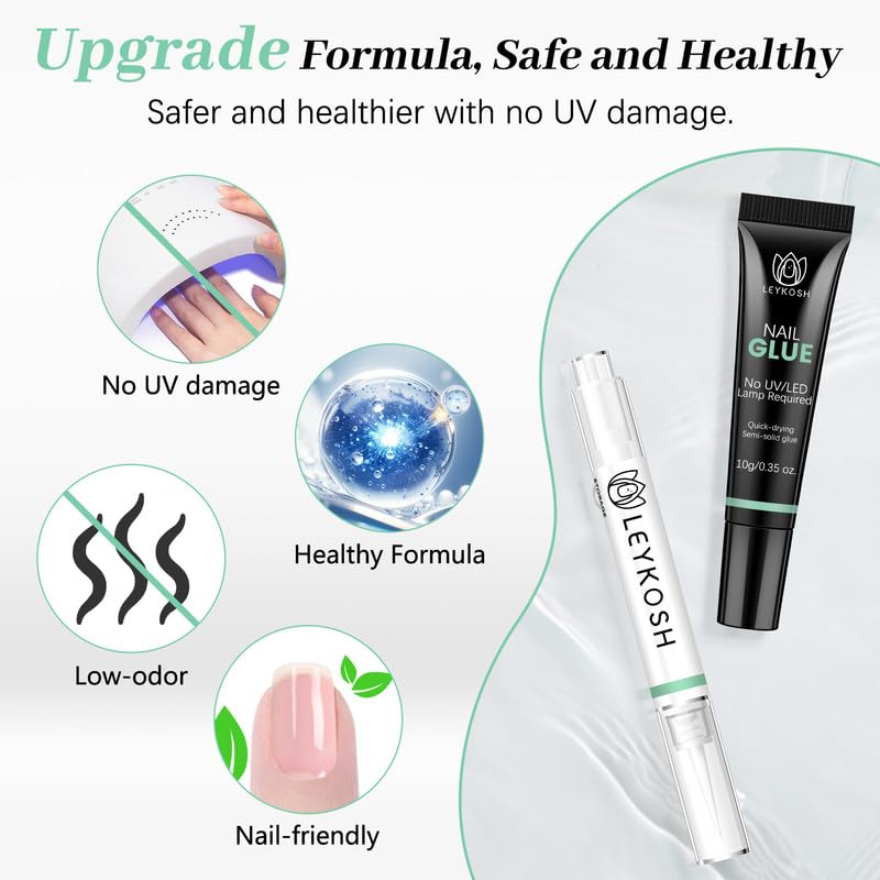 Nail Glue for Press Ons 10g & 5ml 2 in 1 Remover Pen Set, Quick Drying Semi Solid Glue on Nails No Lamp Needed Long Lasting 28+ Days, Gentle Removal Fake Acrylic Nail Tips Not for Gel Polish Base Coat