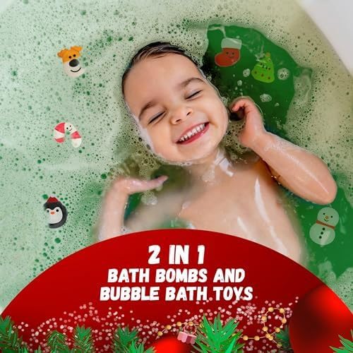 Christmas Bath Bomb for Kids with Surprise Bath Toys Inside (Gift Set) - Stocking Stuffers for Boys and Girls - Holiday Bubble Bath with Cheerful Scent, USA Made by Two Sisters