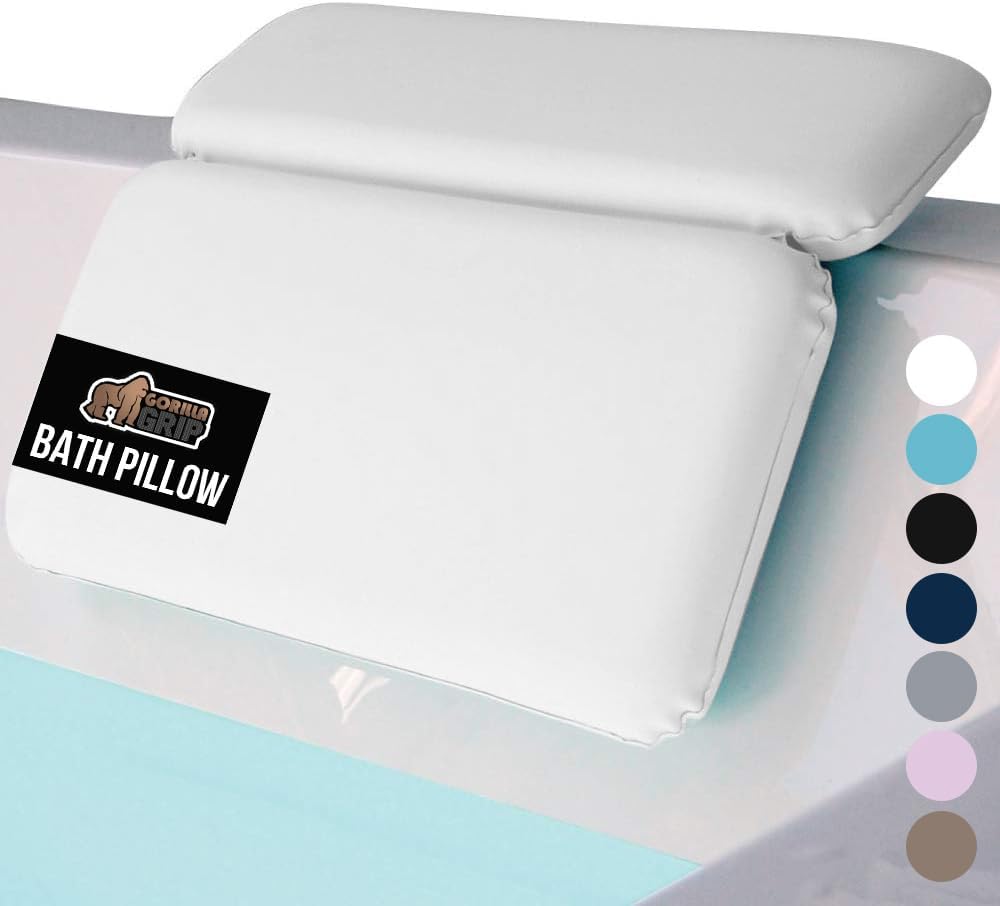 GORILLA GRIP Bath Pillow for Tub, Improved Suction Cups, Luxury Bathtub Pillows, Headrest for Neck and Back Support, Relaxing Home Spa, Hot Tubs and Bathroom Essentials, Gifts for Women, 2 Panel White