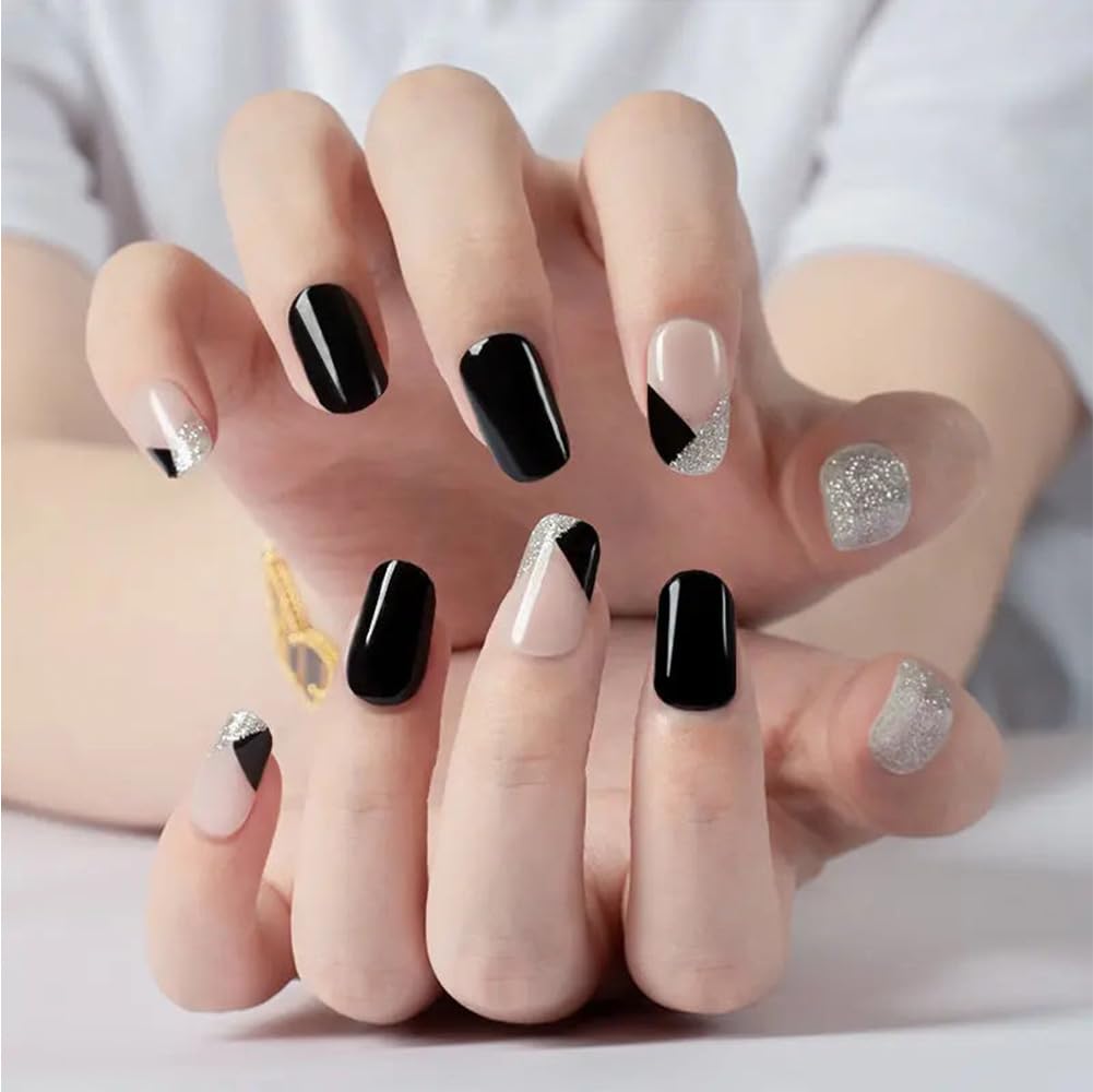 Semi Cured Gel Nail Strips - Black Glitter | 20pcs Gel Wraps UV for Home Nails DIY
