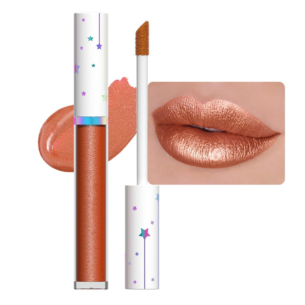 evpct 1Pcs Bronze Gold Metallic Glitter Lip Gloss Stain Lipstick for Women Long Lasting Waterproof 24, Orange Gold Frosted Metallic Shimmer Glossy Chrome iridescent Liquid Lipstick Lip Gloss Makeup 08
