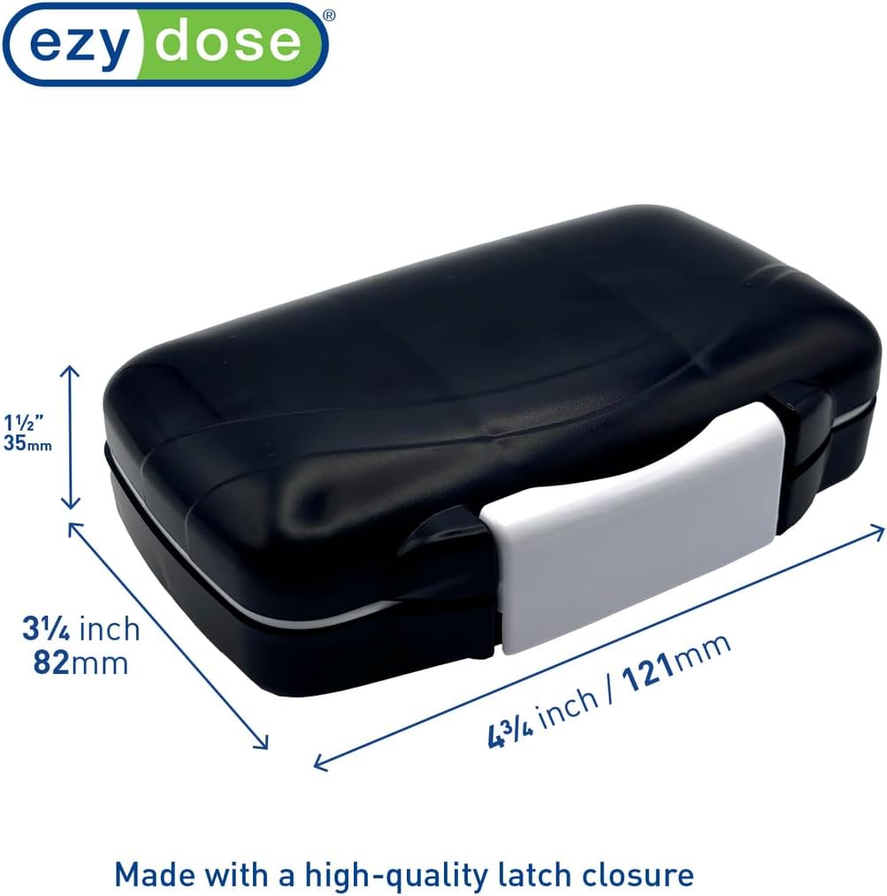 EZY DOSE Moisture-Proof Portable Pill Dispenser, Pocket Purse Organizer, Pharmacy Box, Travel Medication Holder, Latch-Closure to Secure Contents, Oversized Compartments, Airtight Seal, Medium, Black
