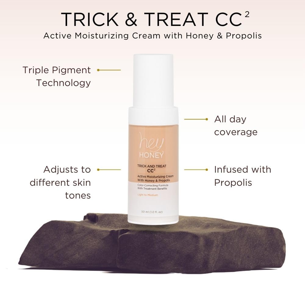 Hey Honey Trick and Treat CC Cream SPF 46 | Active Moisturizing Color Correcting Cream with Honey & Propolis | Best Cover For Rosacea, Skin Redness & Mature Skin | Cruelty-Free | 1 oz (Deep)