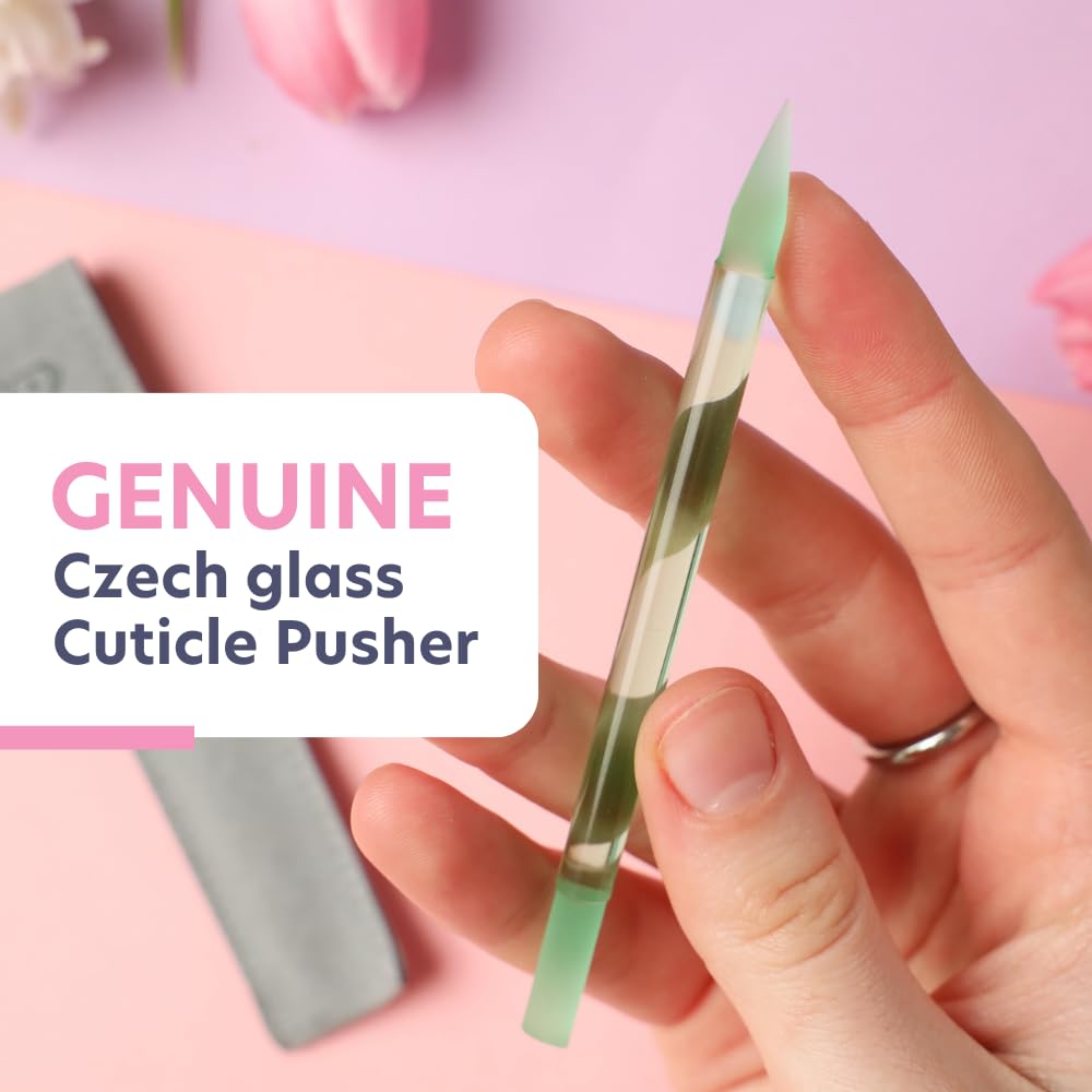 Bona Fide Beauty Czech Glass Cuticle Pusher (Jade Color) with Microfiber Sleeve, Gentle Manicure Stick and Cuticle Remover - Made in The Czech Republic
