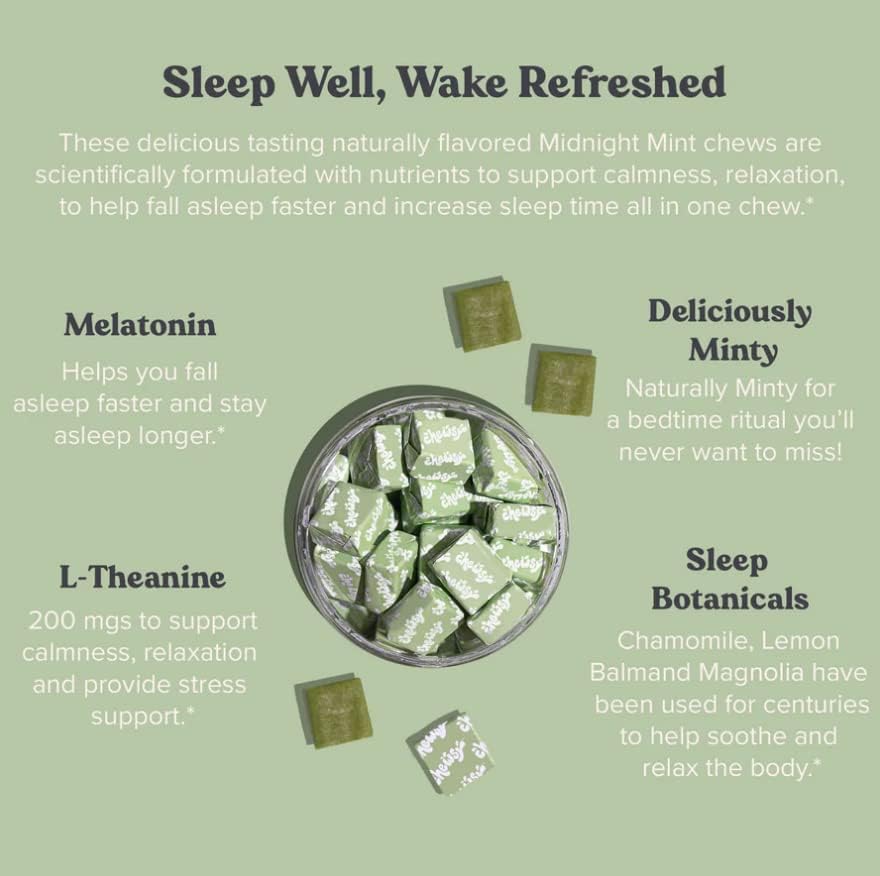Chewsy Peaceful Sleep Chews, Sleep Support, 3 mg Melatonin, 200 MGS L-Theanine, Chamomile, Lemon Balm, Magnolia, Nighttime Sleep Aid, Naturally Minty Chews, Promotes restful Sleep, 30-Day Supply (1)