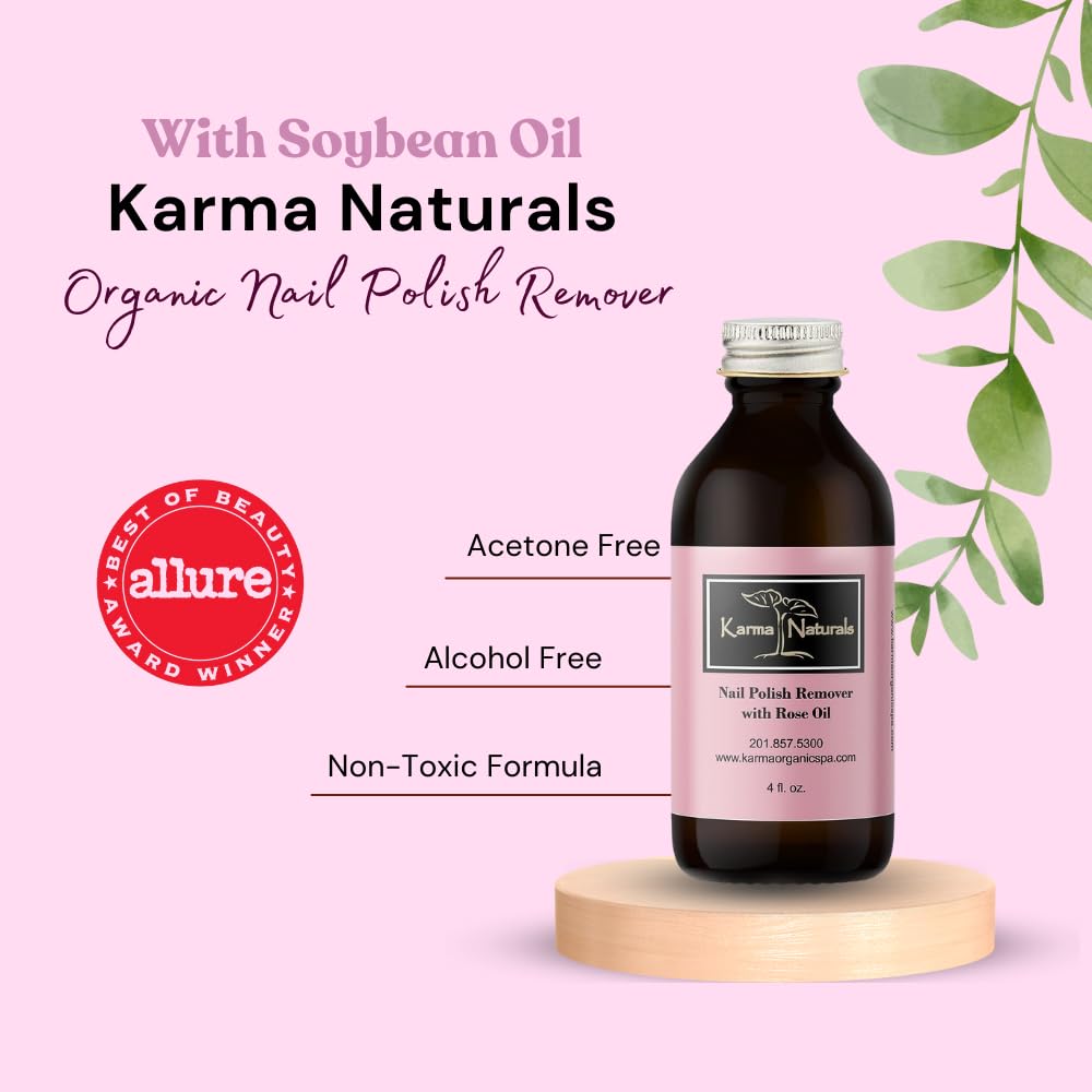 Karma Organic Nail Polish Remover with Rose Oil - Non Toxic, Vegan, Cruelty Free, Acetone free – Nails Strengthener for Fingernails – 4 fl. Oz