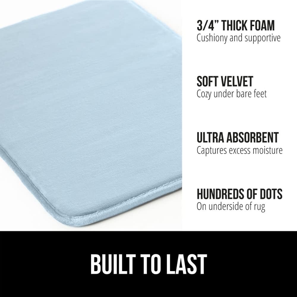 GORILLA GRIP Memory Foam Bath Rugs, Soft Absorbent Velvet Bathroom Mats, Durable Dots on Underside, Machine Washable Bathmat, Carpet Rug Room Decor for Shower Floor, 24x17 Mat, Light Blue