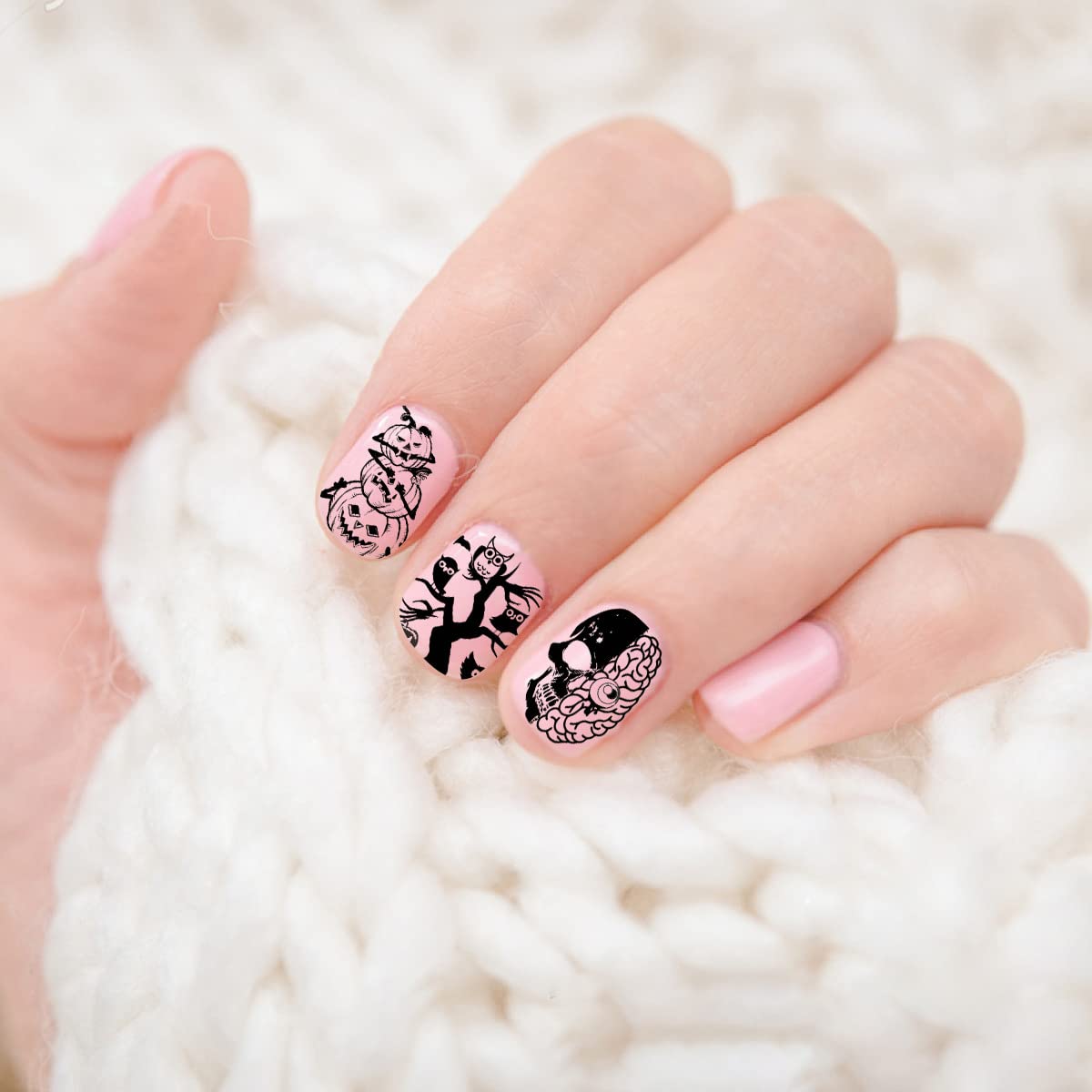 6 Pcs Halloween Nail Stamping Plate Skull Bat Witch Spider Web Halloween Nail Stamper Kit Pumpkin Grimace Blood Design Nail Template Decoration