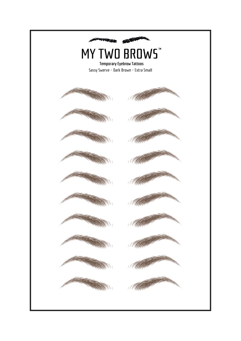 (10 pairs) Dark Brown Temporary Eyebrow Tattoo - Extra Small Size - Waterproof & Smudgeproof - Sassy Swerve Style Eyebrow Stickers - Sheet Lasts up to 30 Days - Won't Work on Existing Brows