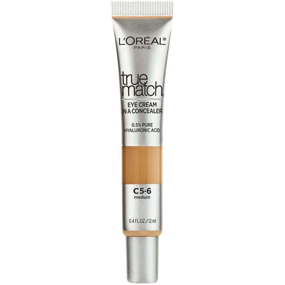 L’Oréal Paris True Match Eye Cream in a Concealer, 0.5% hyaluronic acid, Medium C5-6, 0.4 fl. oz.