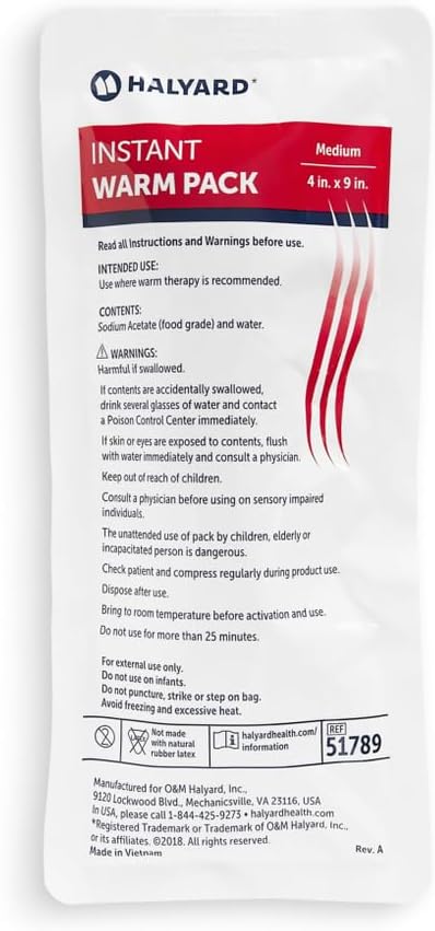 HALYARD Hot Compress Disposable Instant Warm Packs Heat Therapy Pain Relief 4 x 9 Inches, 24 Packs Per Case - 51789