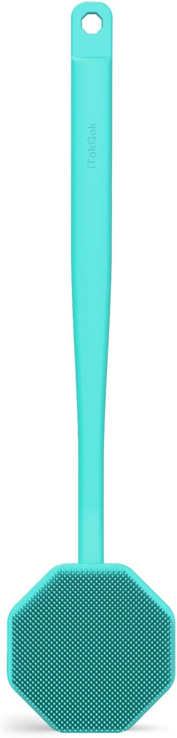 iTokGoK® Silver-Infused Silicone Back Scrubber with Long Handle Back Brush for Shower,Back Brush Long Handle for Men and Women,Ergonomic No-Slip Handle, Long-Lasting (Mint Green)