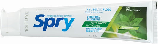 Spry Natural Xylitol Toothpaste 5oz for Adults and Kids with Fluoride, Gentle for Sensitive Teeth Whitening and Remineralizing, Breath Freshening, Mouth Moisturizing, Spearmint (Pack of 6)
