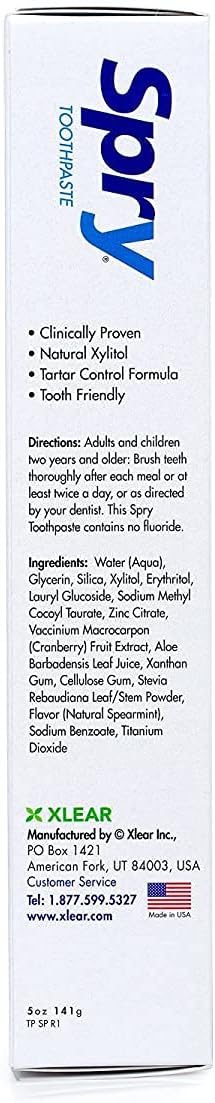 Spry Natural Xylitol Toothpaste 5oz for Adults and Kids - Fluoride Free, Gentle for Sensitive Teeth Whitening and Remineralizing, Breath Freshening, Mouth Moisturizing, Spearmint (Pack of 2)