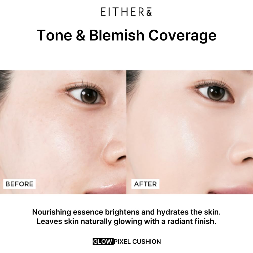 EITHER& Glow Pixel Cushion Foundation, Glowy Skincare, Korean Makeup, Natural Coverage, Moisturizing, Lightweight, Long Lasting Coverage for Flawless Skin (40N Espresso)