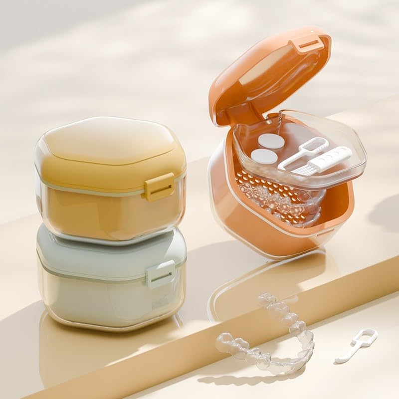 Double-layer Invisible Braces Orthodontic Retainer Storage Box,Retainer Case,Mouth Guard Case,Portable Denture Storage Washable Box with Hook,BPA-Free Teeth Whitening Storage Box (orange)