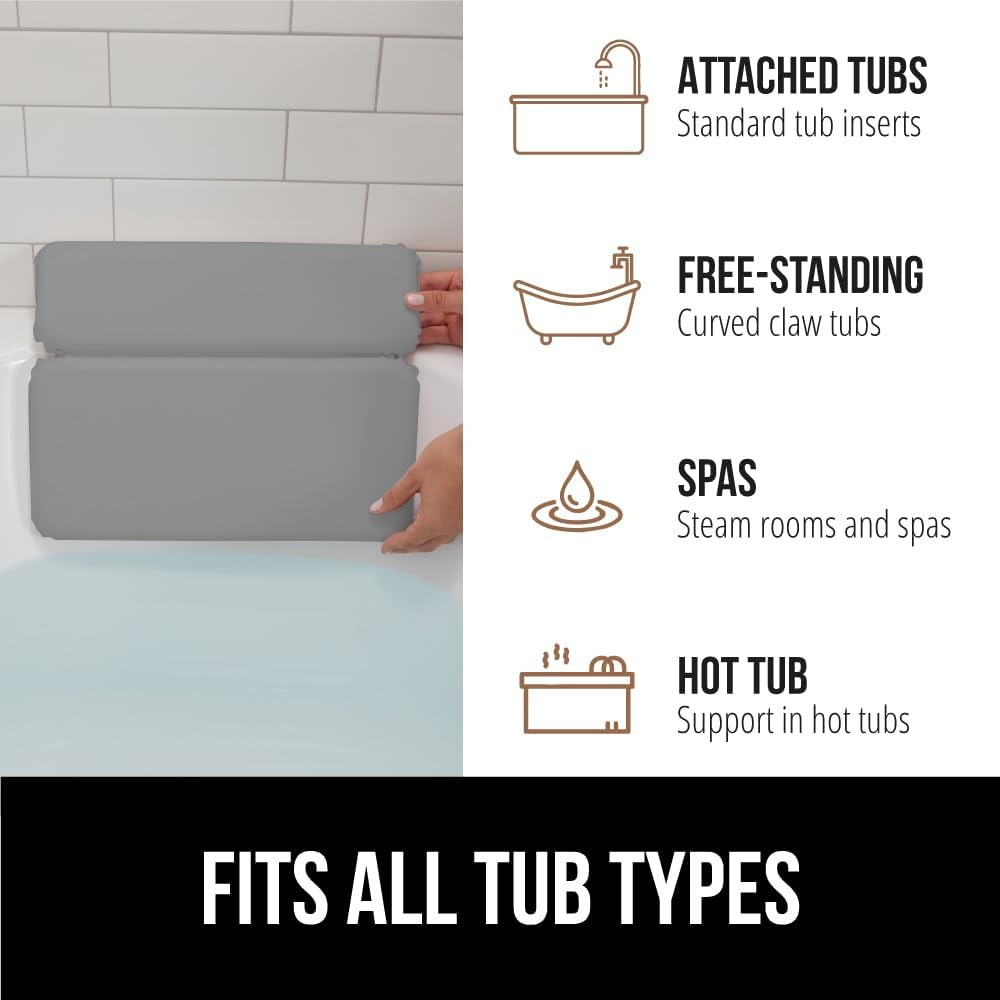 GORILLA GRIP Bath Pillow for Tub, Improved Suction Cups, Luxury Bathtub Pillows, Headrest for Neck and Back Support, Relaxing Home Spa, Hot Tubs and Bathroom Essentials, Gifts for Women, 2 Panel Gray