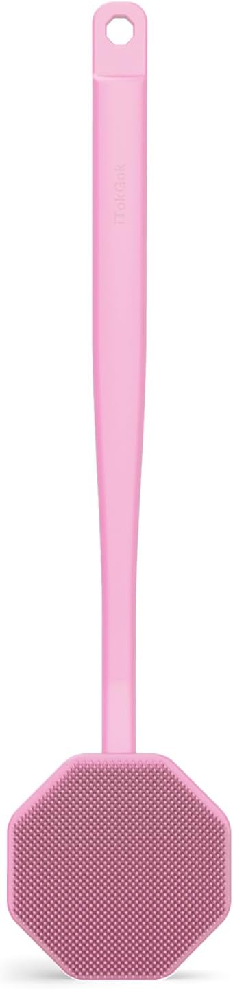 iTokGoK® Silver-Infused Silicone Back Scrubber with Long Handle Back Brush for Shower,Back Brush Long Handle for Men and Women,Ergonomic No-Slip Handle, Long-Lasting (Pink)