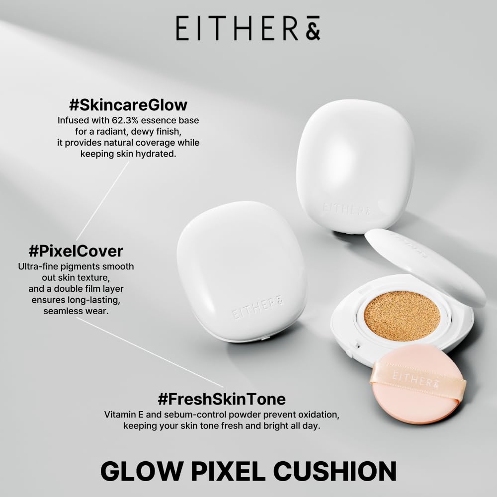 EITHER& Glow Pixel Cushion Foundation, Glowy Skincare, Korean Makeup, Natural Coverage, Moisturizing, Lightweight, Long Lasting Coverage for Flawless Skin (23P Amber)