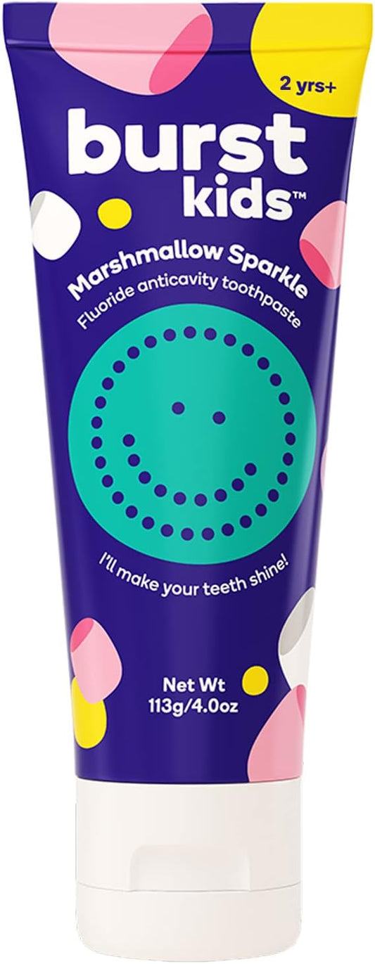 BURST Marshmallow Sparkle Kids Toothpaste with Fluoride (4oz) | Great Tasting | Flavored for Children & Toddlers | Anticavity | Dye Free & Vegan | Safe for Kids Ages 2+