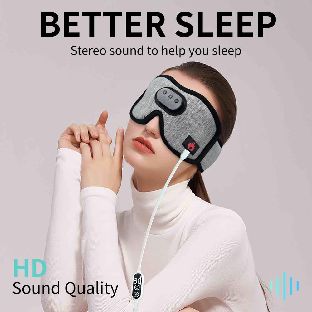 Heated Eye Mask with Bluetooth Headphones SYPVRY Wireless Sleep Eye Mask Headphones for Sleeping with Temperature & Timer Control, Warm Eye Compress USB Heated Mask for Dry Eyes Style,Grey