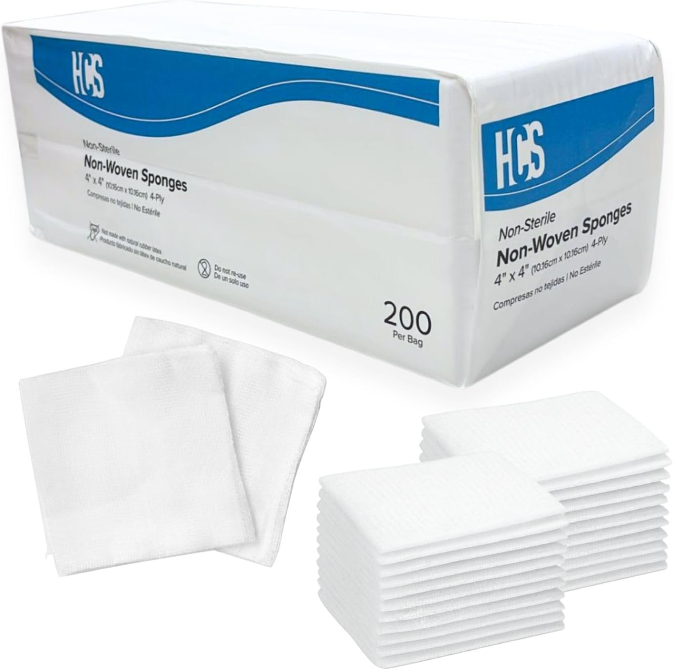 HCS Non-Woven Gauze Sponges 4x4 - Non-Sterile, 4-Ply (200-Count) - Highly Absorbent, Low-Linting Squares - 4x4 Gauze Pads, Large - Medical Supplies, Wound Care, First Aid, Surgical Use, Dental