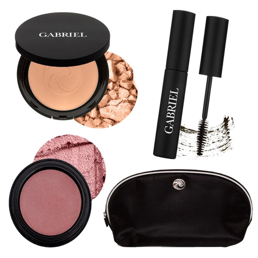 Gabriel Cosmetics About Face Set- Dual Powder Foundation (Olive), 3-in-1 Multi Pot (Florentina), Mascara (Black) and Gabriel Makeup Bag (Olive SET)