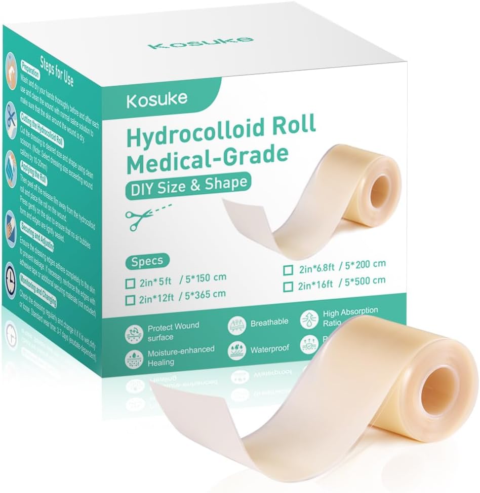 Hydrocolloid Roll for Wound Care 2in*12ft, Large Hydrocolloid Bandages Patch with Self-Adhesive Waterproof Ultra Absorbent Flexible DIY Size & Shape First Aid Kit Essential