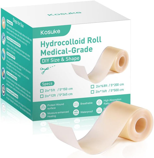 Hydrocolloid Roll for Wound Care 2in*12ft, Large Hydrocolloid Bandages Patch with Self-Adhesive Waterproof Ultra Absorbent Flexible DIY Size & Shape First Aid Kit Essential