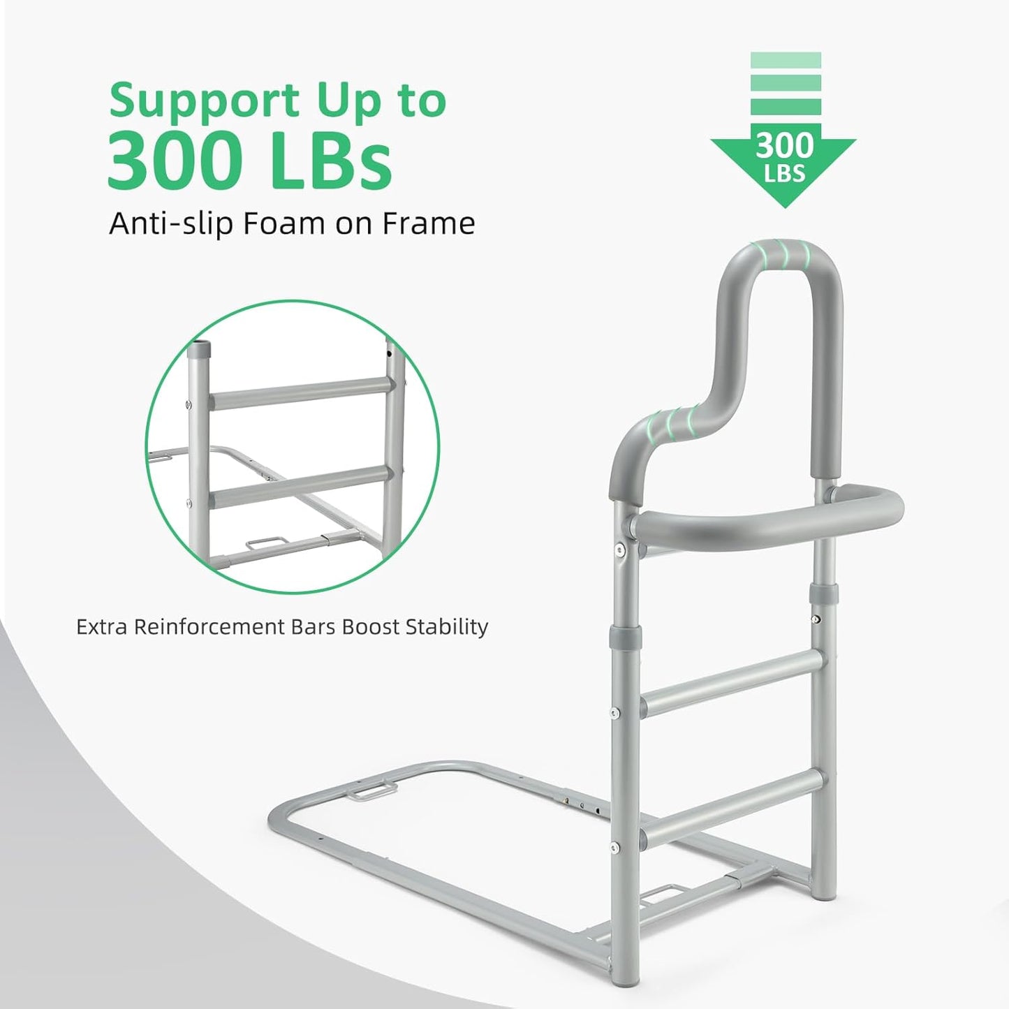 Dual Bar Bed Rail for Elderly Adults Safety with Storage Pocket, Bed Assist Rail for Seniors for Easily Getting in & Out of Bed, Bed Rails Fits King, Queen, Full, Twin Bed - Grey