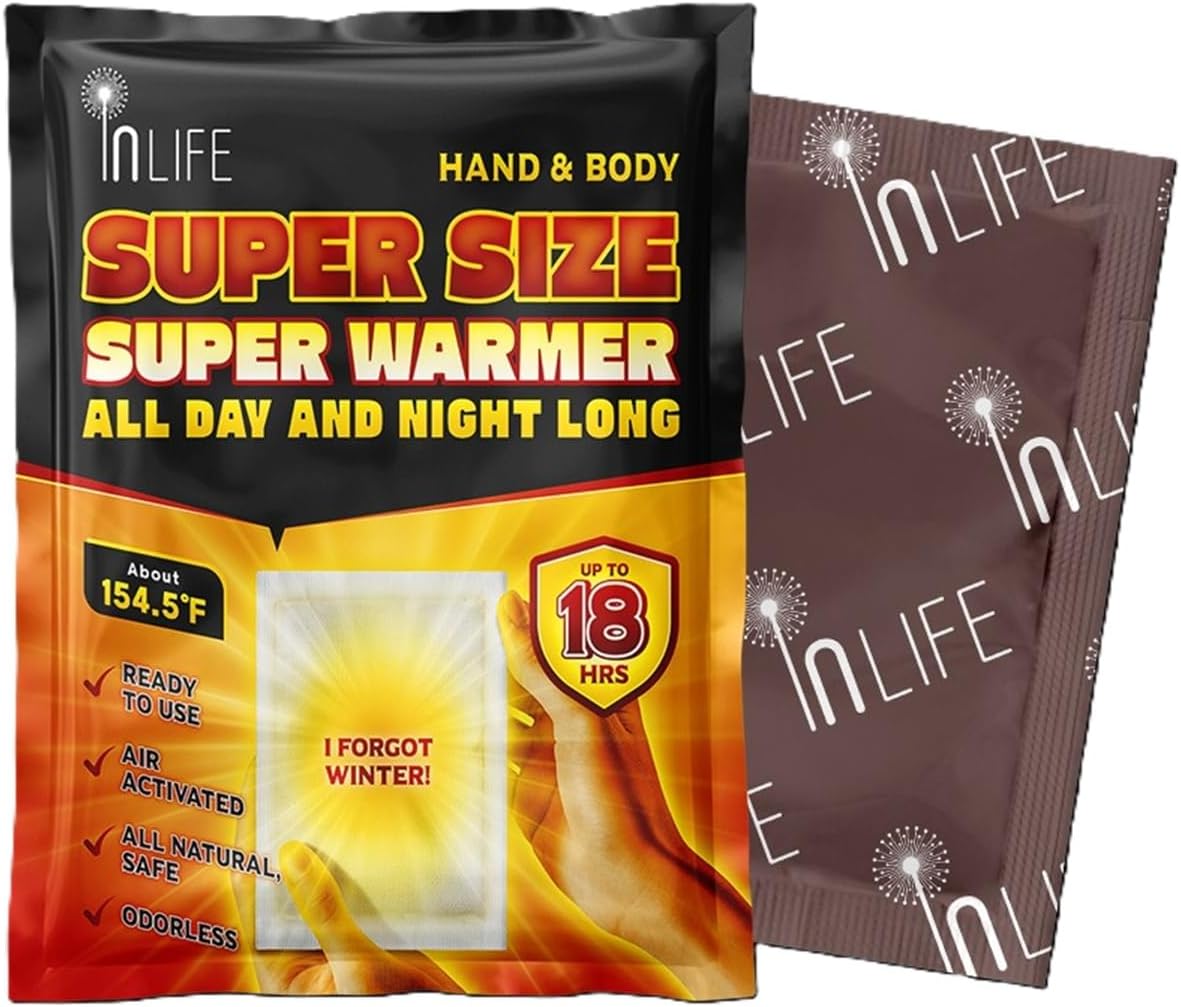 InLife Super Size Super Warmer for Hands and Body, All Natural & Safe, Bigger & Wider Area Covered, Higher Heating 145°F, Air Activated, Easy & Comfort, Steady Longer Lasting, Odorless, 20 Packs