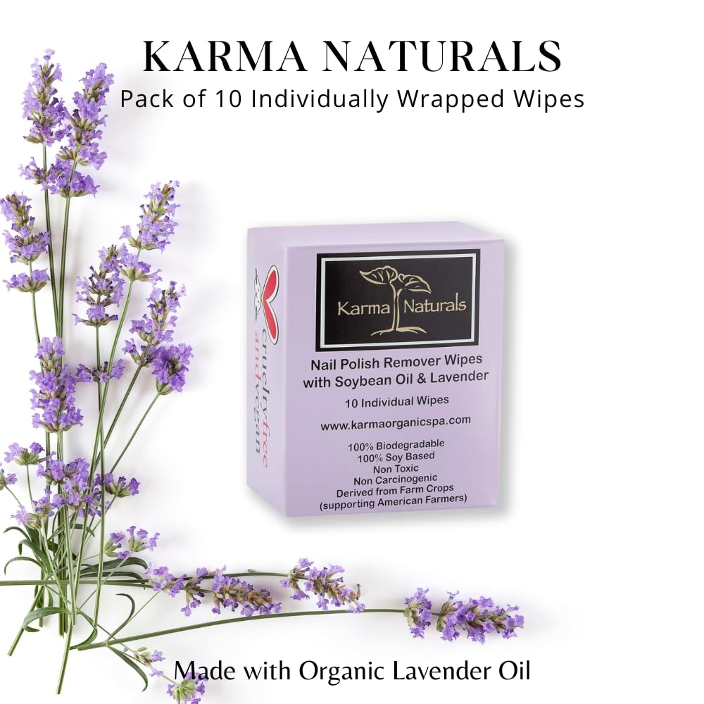 Karma Organic Natural Nail Polish Remover Wipes with Soybean and Lavender Oil, 100% Soy Based, Non-Toxic, Vegan, Cruelty-Free – Pack of 10