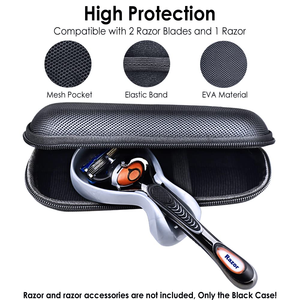 Hard EVA Razor Travel Case Compatible with Gillette Men's Razor - Mesh Pocket for 2 Razor Blades + Lightweight Carrying Handle + Durable Zipper (Only Case) (Black)