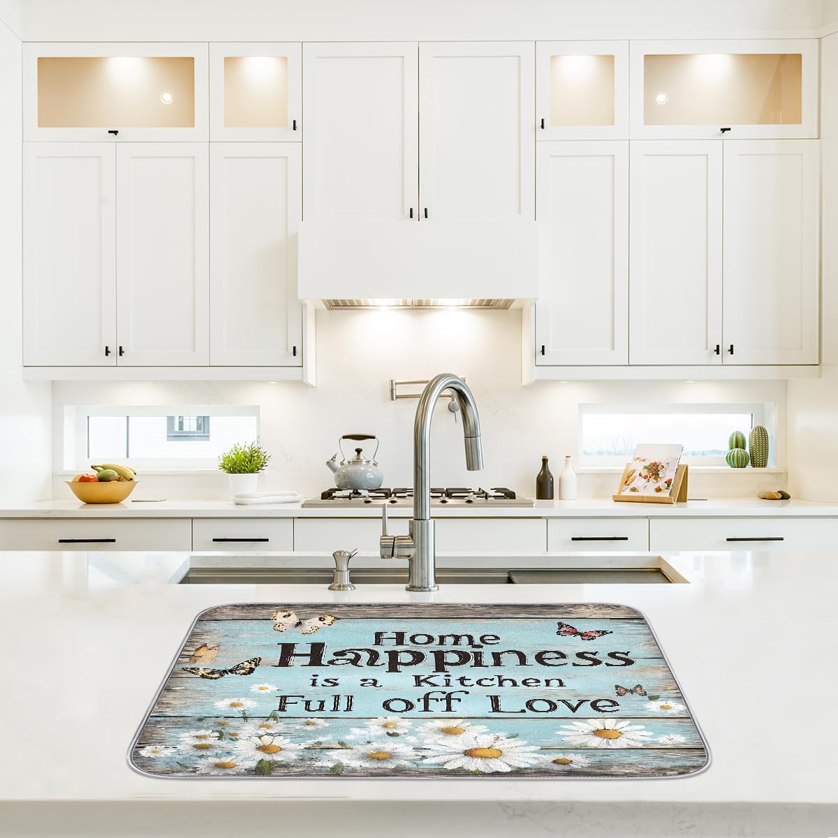 Dish Drying Mat Rustic Wood Quote Daisy Flowers Large Drying Mat for Kitchen Counter 18x24in Absorbent Dish Drainer Rack Pad, Heat Resistant Coffee Bar Mats Countertop Protector