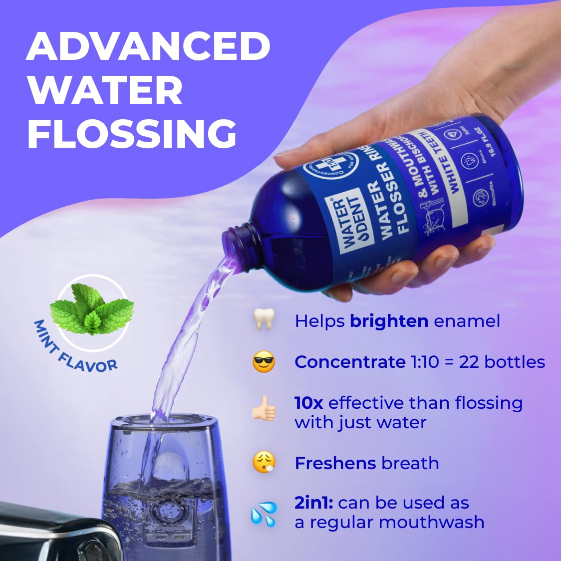 Concentrated Water flosser Rinse & mouthwash Teeth WHITENING | Add to Water Flossers| Fruit Flavor | 1 Pack = 16.9 fl.oz | Peroxide Free. Made in USA