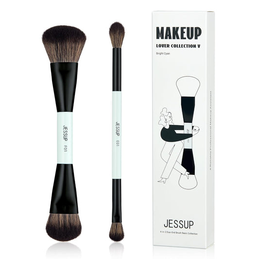 Jessup Makeup Brushes 2pcs Double Sided Foundation Brush Contour Brush Dual Ended Eye Blending Brush, Multi-functional Cosmetic Brush Bright Cyan T502