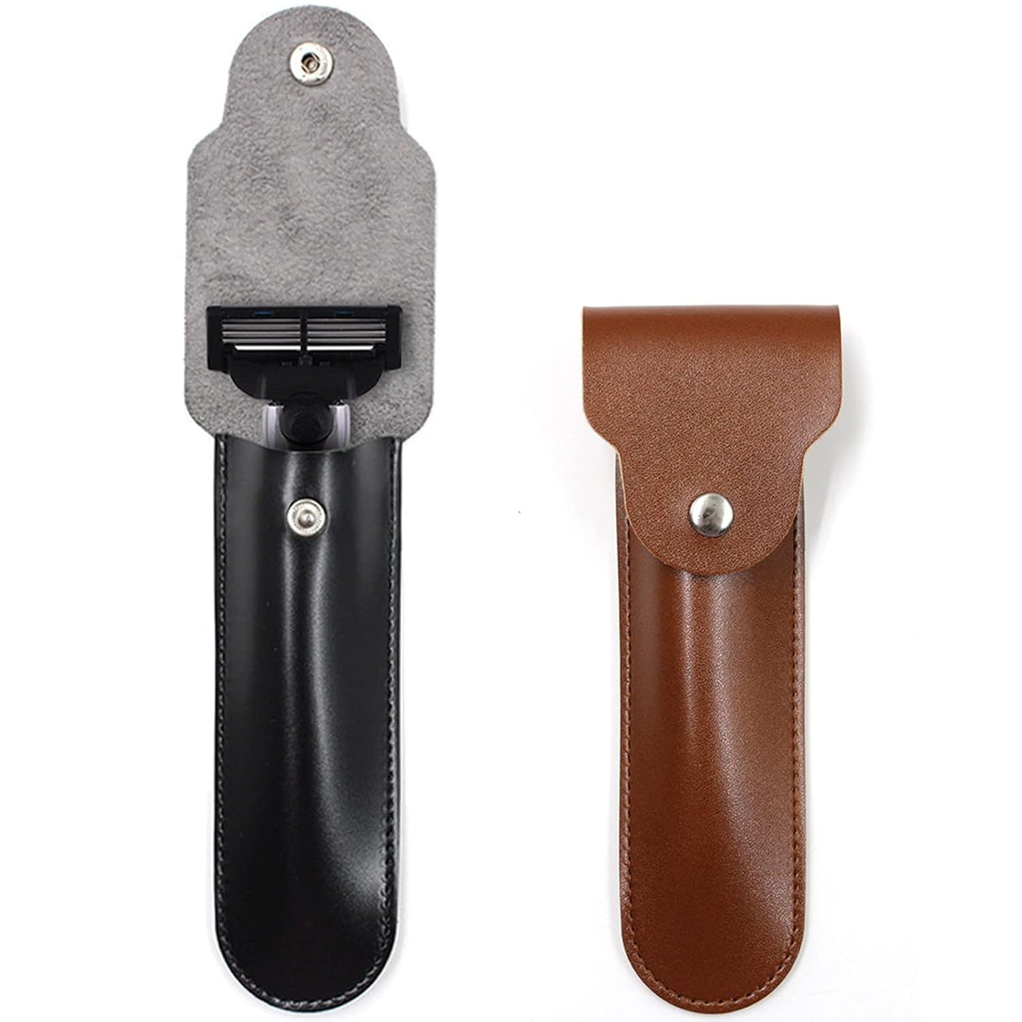 2PCS LinMei Razor Protective Travel Cover for Straight, Shavette and Barber Razors Shaving Pouch Holder (Brown, Black)