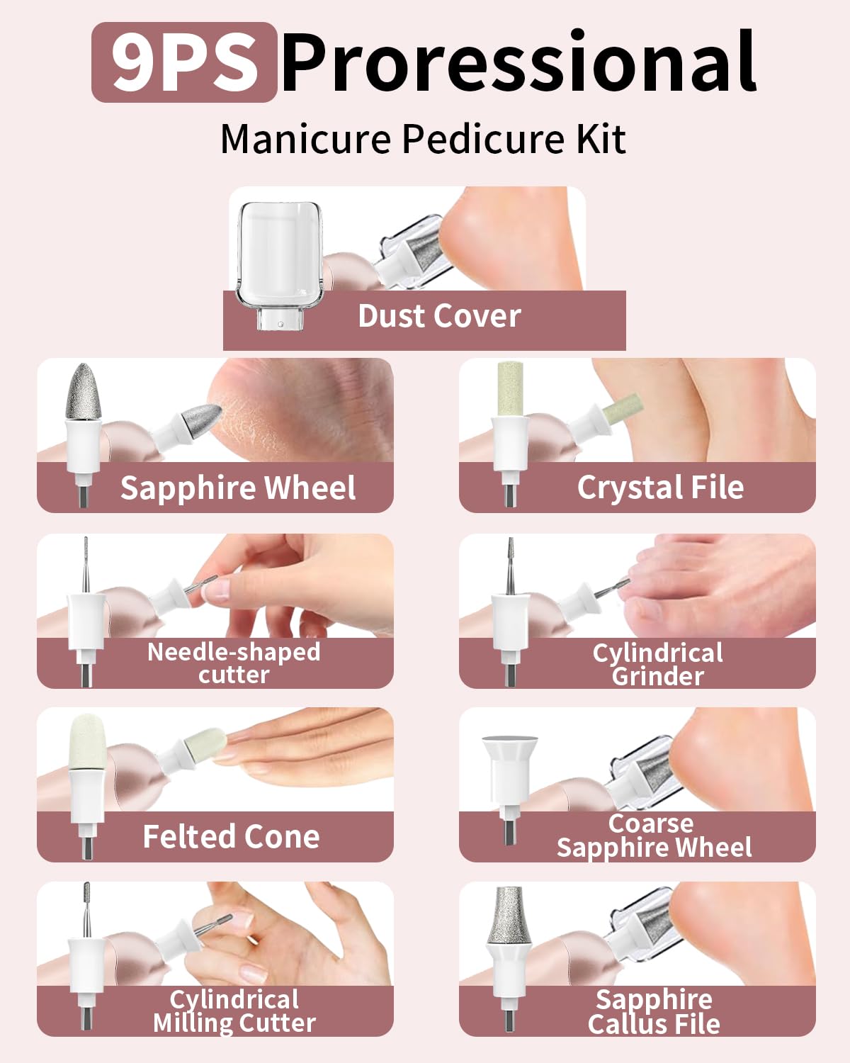 Professional Manicure Pedicure Kit, Cordless Electric Nail File Set, Rechargeable Pedicure Tools for feet, 5 Speeds Hand Foot Care Nail Drill for Thick Nail Toenail Cuticle Women Men Baby Pets-Rose