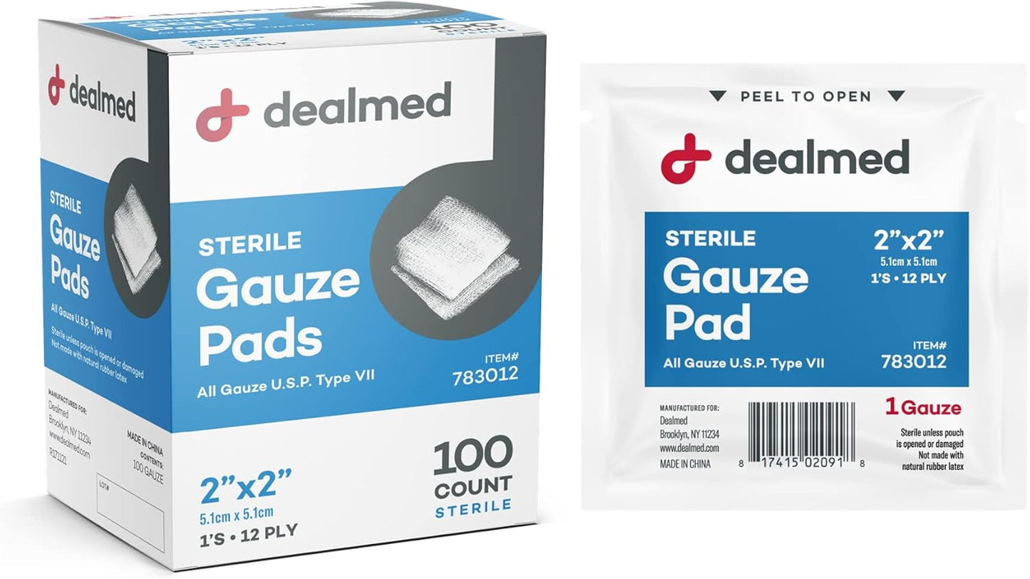 Dealmed 2’’ x 2’’ Sterile Gauze Pads (100 Count) Disposable and Individually Wrapped Medical Gauze Pads, Wound Care Product for First Aid Kit and Medical Facilities (Pack of 1)