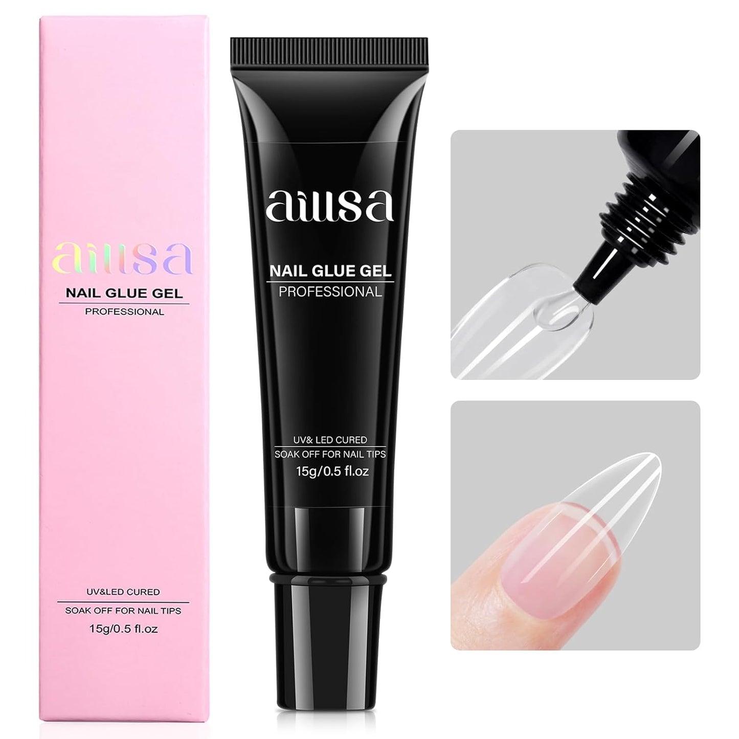 AILLSA Gel Nail Glue for Nails Tips, Solid Super Strong Gel Glues 15g Professional Fake Acrylic Soft Nails Glue U V Lamp Curing Needed - Long Lasting 30 Days+