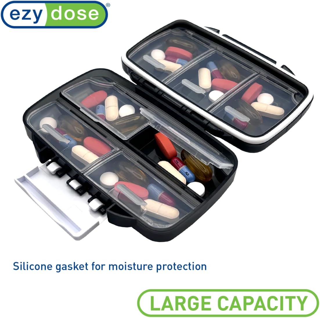 EZY DOSE Moisture-Proof Portable Pill Dispenser, Pocket Purse Organizer, Pharmacy Box, Travel Medication Holder, Latch-Closure to Secure Contents, Oversized Compartments, Airtight Seal, Medium, Black