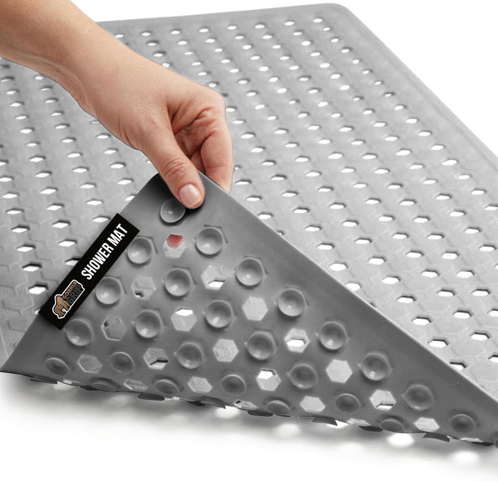 GORILLA GRIP Patented Bath Tub Shower Mat, Machine Washable Bathtub Floor Liner Mats, Suction Cups and Drain Holes to Keep Tubs Clean, Soft on Feet, Bathroom Essentials, 35x16 Inch, Gray Opaque