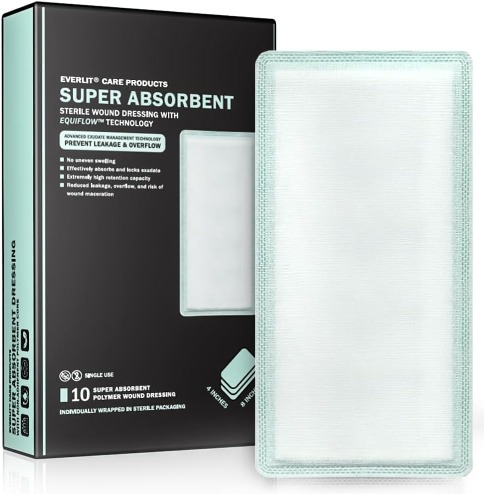 EquiFlow Super Absorbent Dressing for Heavily Exuding Wound | Fast-Absorbing Non-Adhesive Polymer Dressing with Nonstick Gauze Pad | High Absorption & Retention | Pack of 10 (4" x 8")