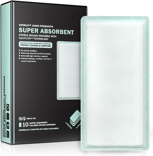 EquiFlow Super Absorbent Dressing for Heavily Exuding Wound | Fast-Absorbing Non-Adhesive Polymer Dressing with Nonstick Gauze Pad | High Absorption & Retention | Pack of 10 (4" x 8")