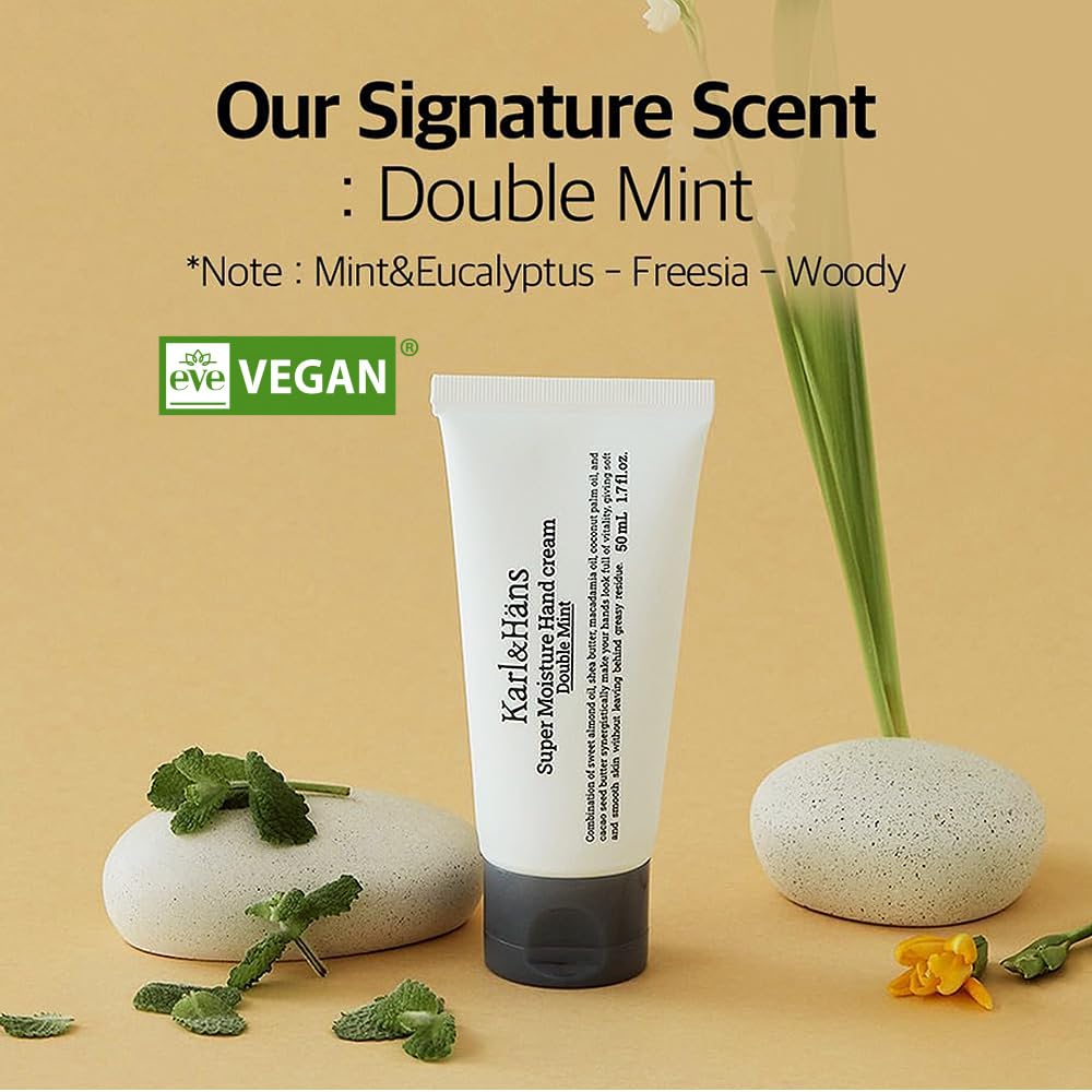 Karl&Hans Super Moisturizing Mint Vegan Hand Cream - Double Mint Scent with Shea Butter, Coconut Oil, Long-Lasting Refreshing Formula, Organic Daily Hand lotion for Dry Cracked Hands - 1.7 fl oz
