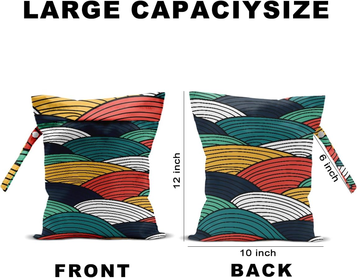 2Pcs Wave Print Wet Bags, Wet Dry Bag Reusable for Swimsuit, Travel, Diapers, Pool, Beach, Dirty Yoga Gym Clothes, Toiletries, Makeup Bag, Zipper Pouch Waterproof Birthday Christmas Gifts