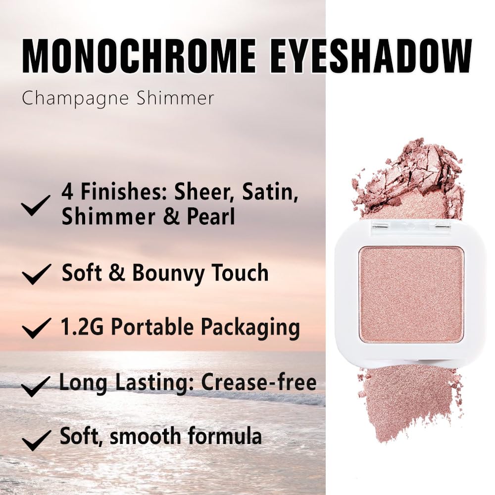 Kaely Pressed Single Eyeshadow Makeup, Champagne Shimmer Highly Pigmented Monochrome Eye Shadow Palette, Waterproof Neutral Powder Mini Eyeshadow, sombras para ojos, Lightweight Blendable, 03