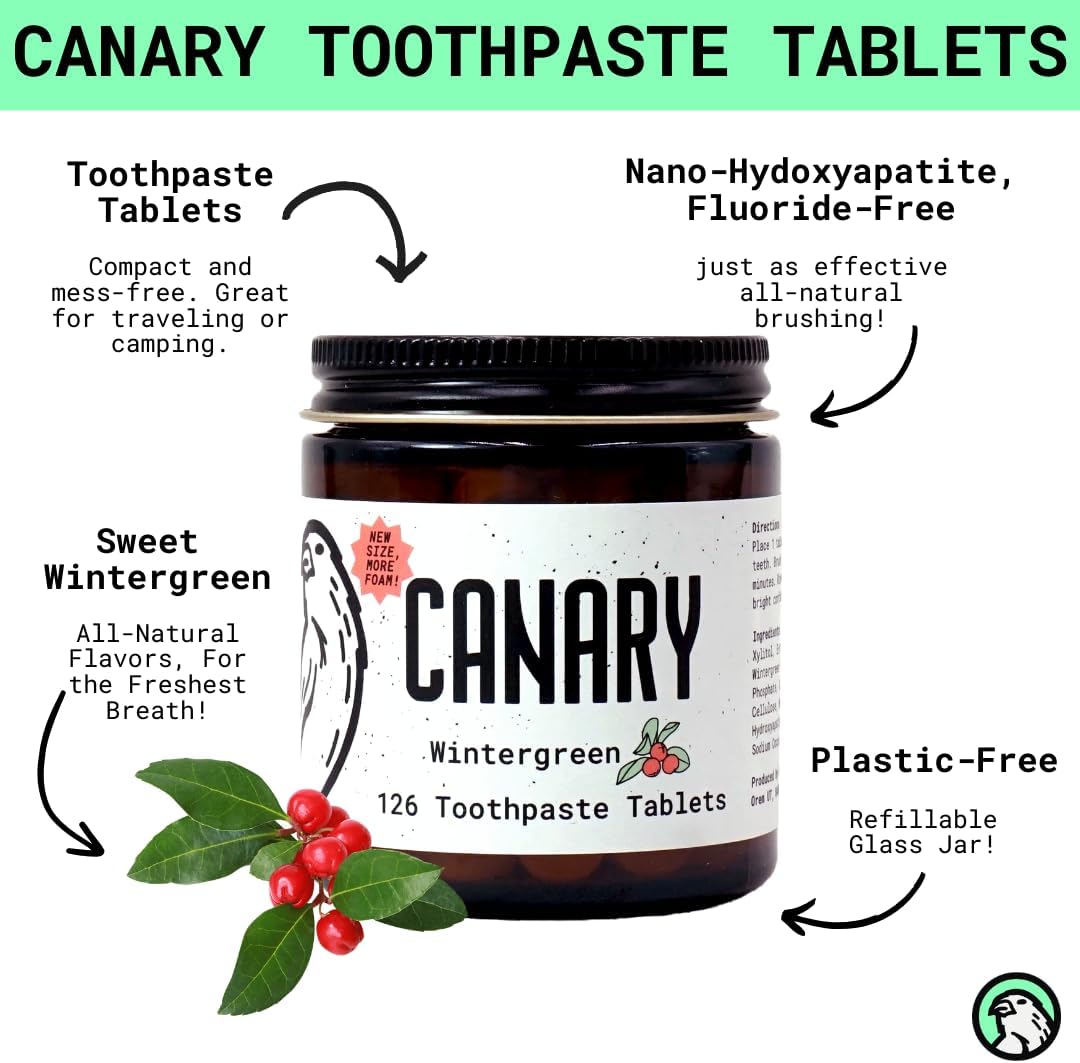 Canary Nano Hydroxyapatite Toothpaste Tablets Wintergreen - Remineralizing, Fluoride Free, All Natural Tabs with Xylitol - Great for Travel, Plastic Free - 126 Count